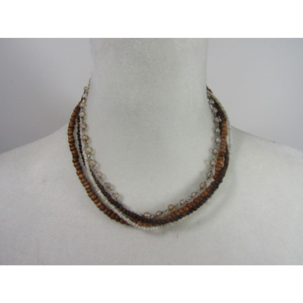 Brown & Cream‎ Bead 4 Tier Collar Necklace 18" Rave Round Oval Boho Cottagecore